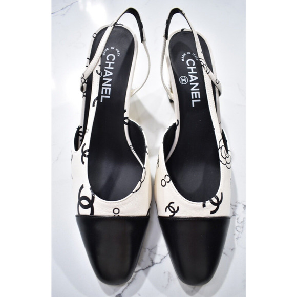 Chanel 23P Mademoisele Coco Sling White Black CC Logo Slingback Sandal Heel 37.5 - Picture 6 of 12